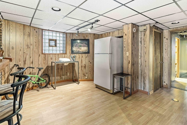 1632 Stanton Ave, Whiting, IN 46394 - kitchen with light wood-type flooring, a paneled ceiling, freestanding refrigerator, and baseboards