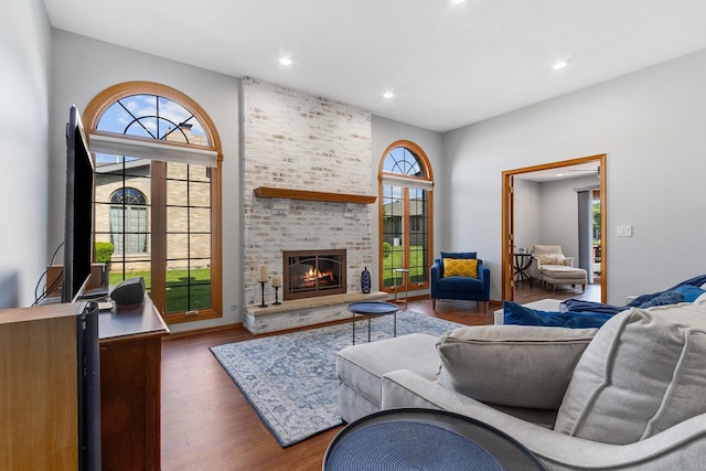 living room featuring dark hardwood / wood-style floors, a wealth of natural light, and a fireplace