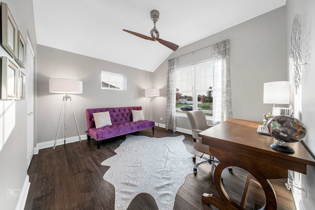 office area featuring lofted ceiling, ceiling fan, and dark hardwood / wood-style flooring