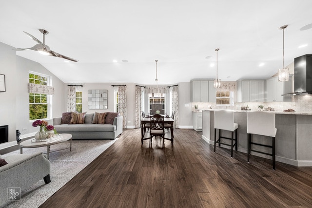 living room featuring dark wood-type flooring and lofted ceiling