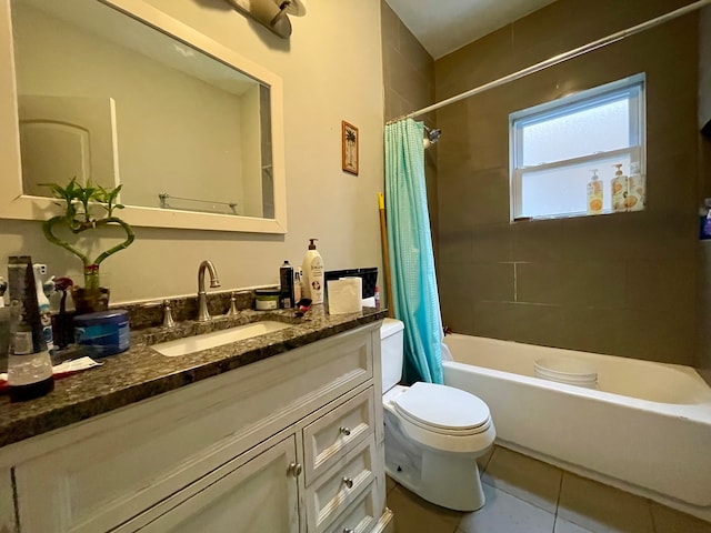 full bathroom featuring vanity, tile patterned flooring, toilet, and shower / bathtub combination with curtain