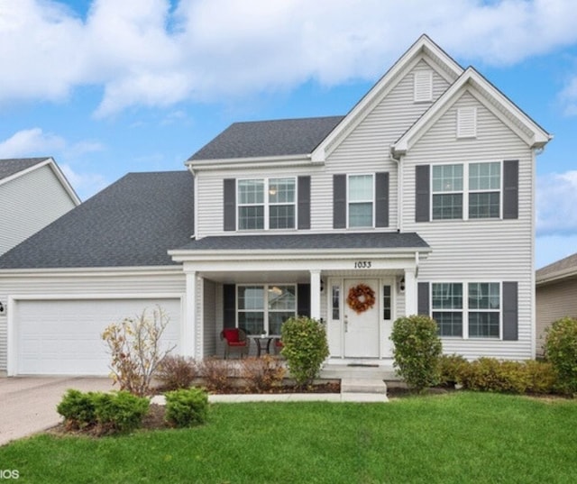 view of front of property featuring a garage, a front yard, and covered porch