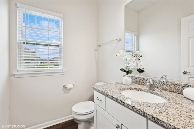 bathroom featuring vanity, wood-type flooring, a healthy amount of sunlight, and toilet