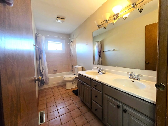 full bathroom with vanity, toilet, tile patterned floors, and shower / bathtub combination with curtain