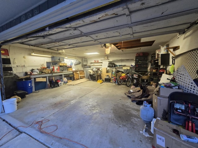 garage with a workshop area