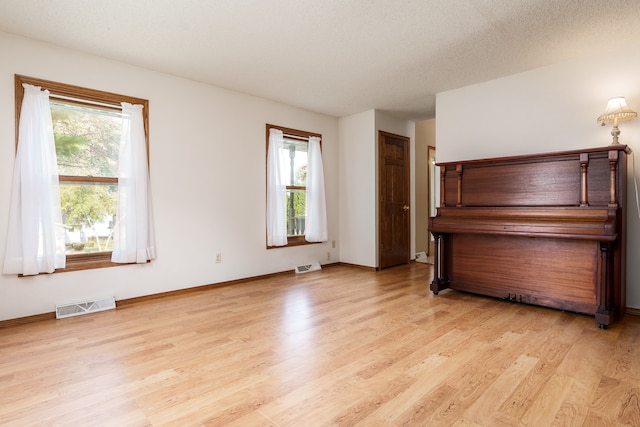 interior space with a textured ceiling, a healthy amount of sunlight, and light hardwood / wood-style flooring