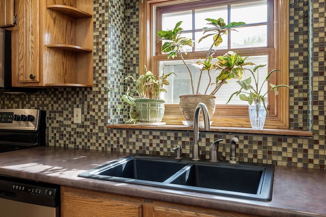 kitchen with decorative backsplash, sink, and dishwasher