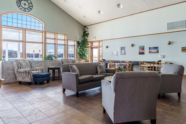 living room featuring high vaulted ceiling, plenty of natural light, and a textured ceiling