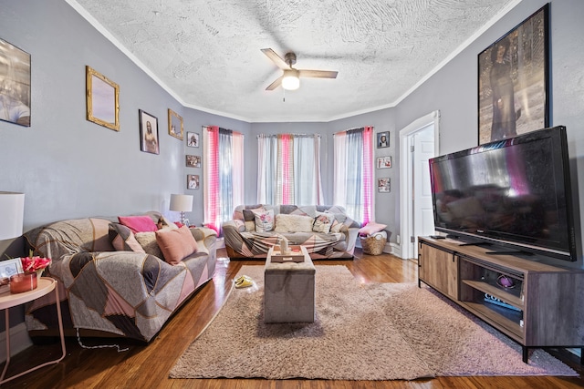 living room with crown molding, wood-type flooring, and a textured ceiling