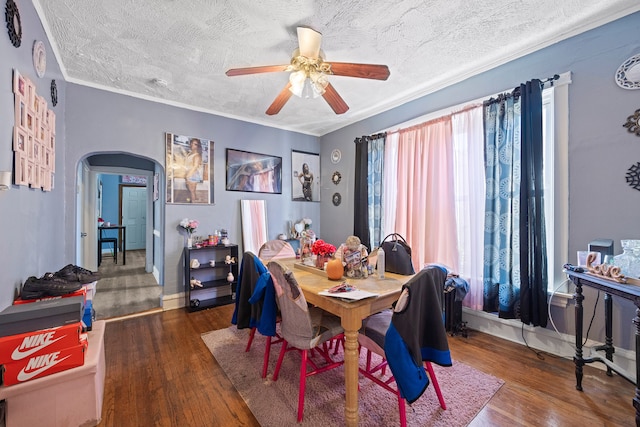 dining area featuring ceiling fan, crown molding, dark hardwood / wood-style flooring, and a textured ceiling