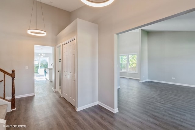 hall with lofted ceiling, dark hardwood / wood-style floors, and a wealth of natural light