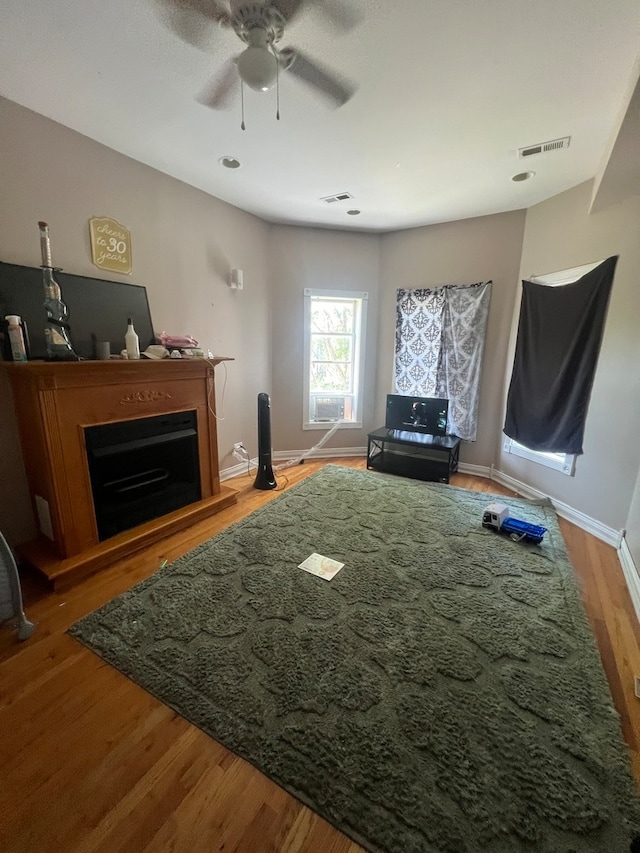 living room featuring ceiling fan and hardwood / wood-style floors