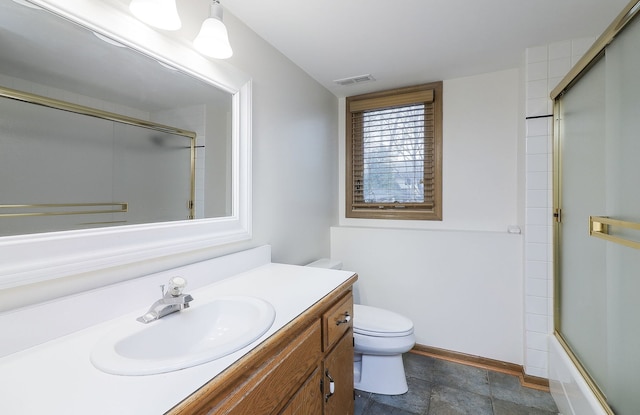 full bathroom with vanity, toilet, and combined bath / shower with glass door