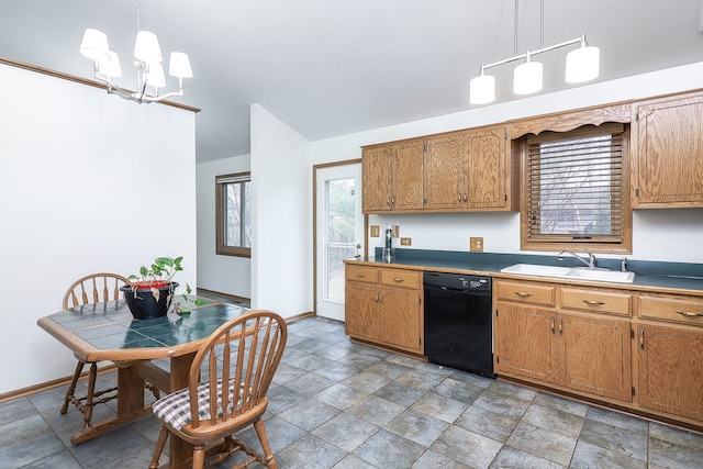 kitchen featuring pendant lighting, dishwasher, a notable chandelier, sink, and plenty of natural light