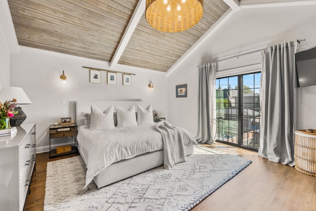 bedroom with wood ceiling, hardwood / wood-style floors, access to exterior, and beam ceiling