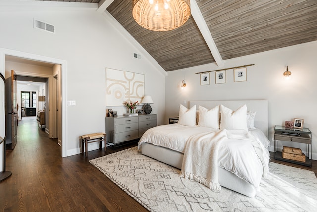 bedroom with high vaulted ceiling, wood-type flooring, beamed ceiling, and wooden ceiling