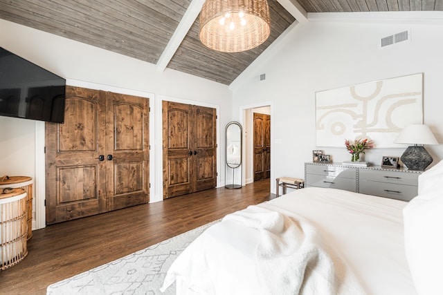 bedroom featuring beam ceiling, high vaulted ceiling, wooden ceiling, and dark hardwood / wood-style flooring