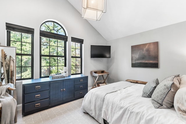 carpeted bedroom with high vaulted ceiling