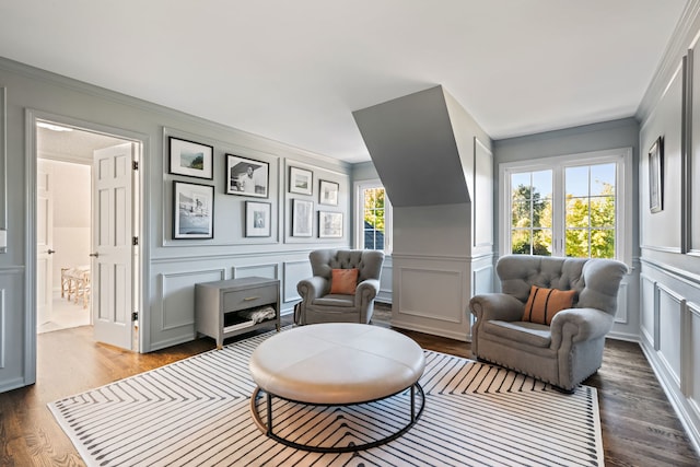 living area with ornamental molding, wood-type flooring, and a healthy amount of sunlight