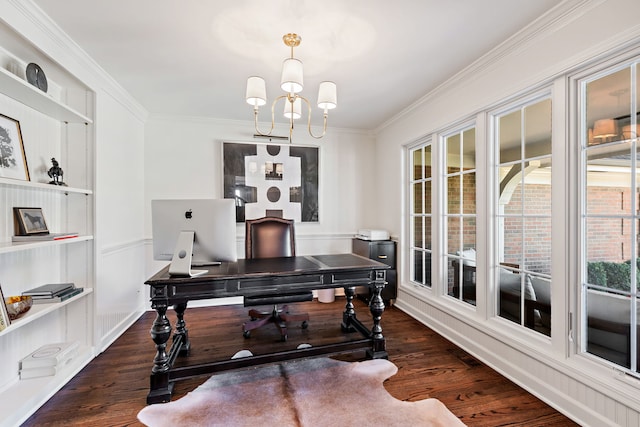 office with crown molding, a chandelier, and dark hardwood / wood-style floors