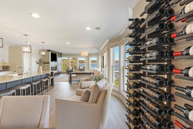 wine area with crown molding and light wood-type flooring