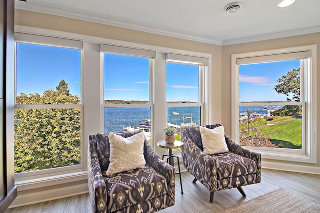 sunroom / solarium featuring plenty of natural light and a water view