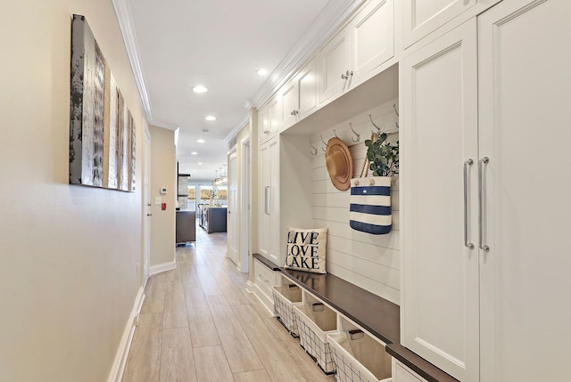 mudroom featuring crown molding and light wood-type flooring