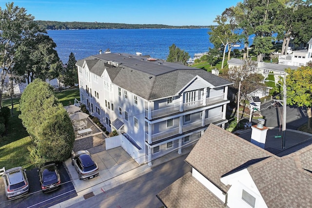 drone / aerial view with a water view