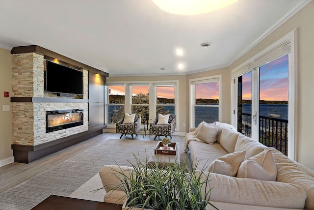 living room featuring a stone fireplace, ornamental molding, wood-type flooring, and a water view