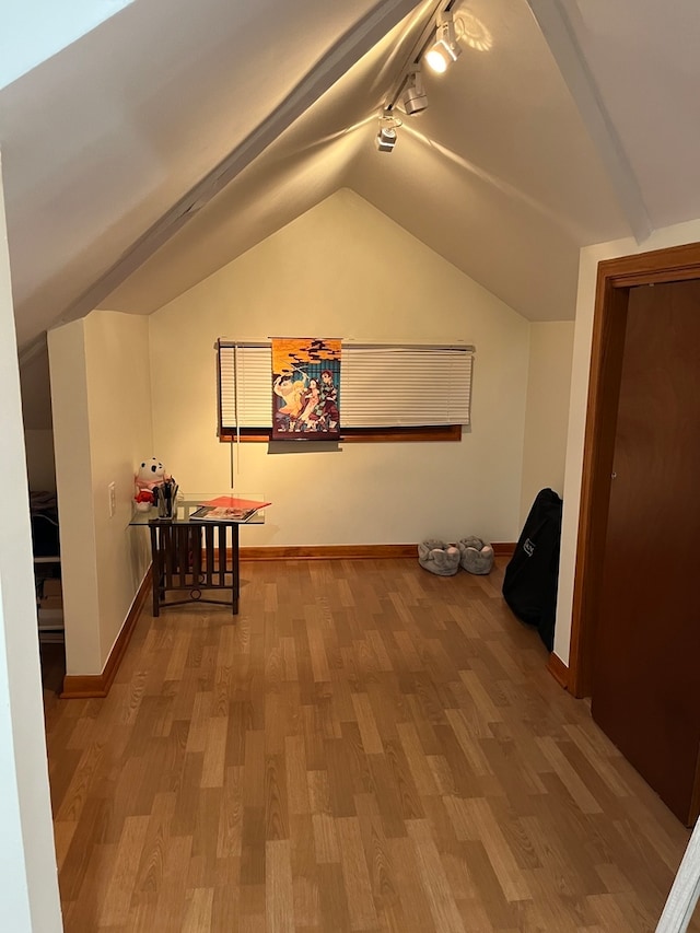 additional living space with wood-type flooring and vaulted ceiling