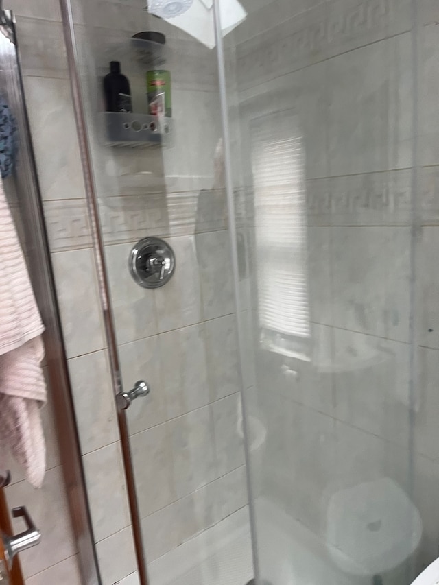 bathroom with a skylight and an enclosed shower