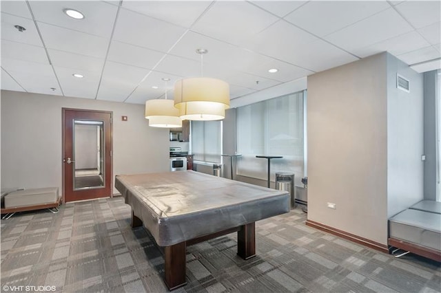 recreation room featuring a paneled ceiling, carpet, and billiards