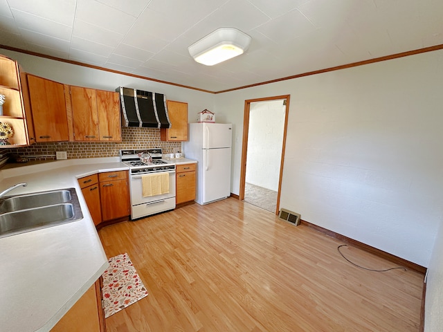 kitchen with white appliances, tasteful backsplash, sink, range hood, and light hardwood / wood-style flooring