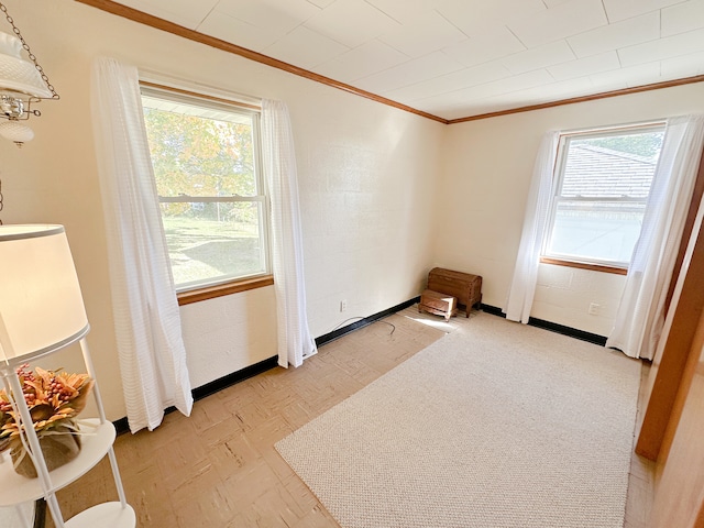 spare room with a wealth of natural light and crown molding