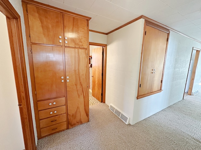 hallway with crown molding and light colored carpet