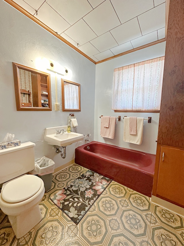 bathroom with toilet, ornamental molding, sink, and a washtub