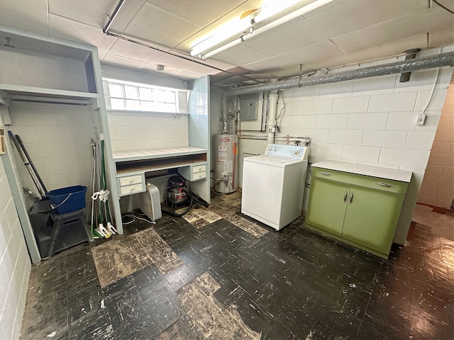 laundry room featuring washer / clothes dryer, electric panel, and water heater