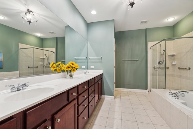 bathroom with vanity, shower with separate bathtub, and tile patterned flooring