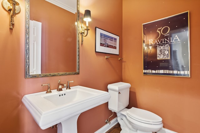 bathroom with toilet, ornamental molding, and sink