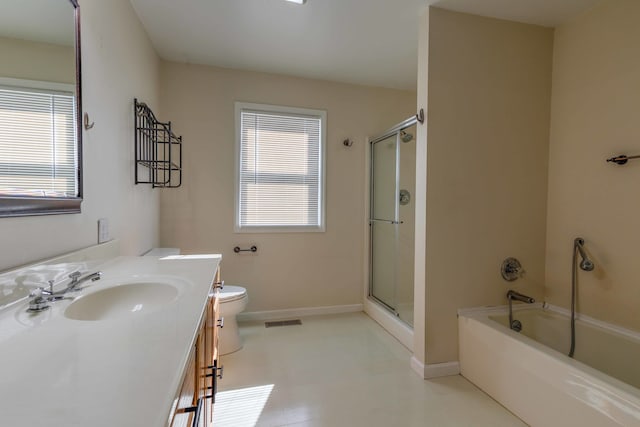 full bathroom with vanity, independent shower and bath, toilet, and plenty of natural light