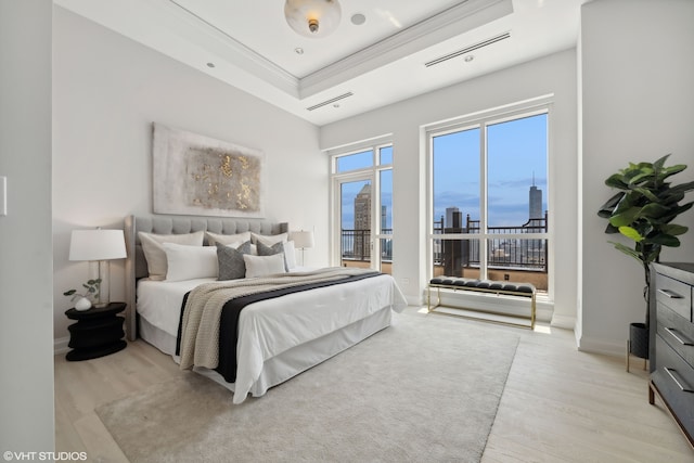 bedroom with light hardwood / wood-style floors and a raised ceiling