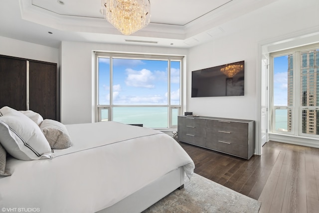 bedroom featuring a notable chandelier, a tray ceiling, and dark hardwood / wood-style flooring