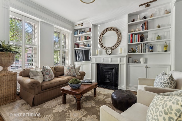 living room featuring built in shelves