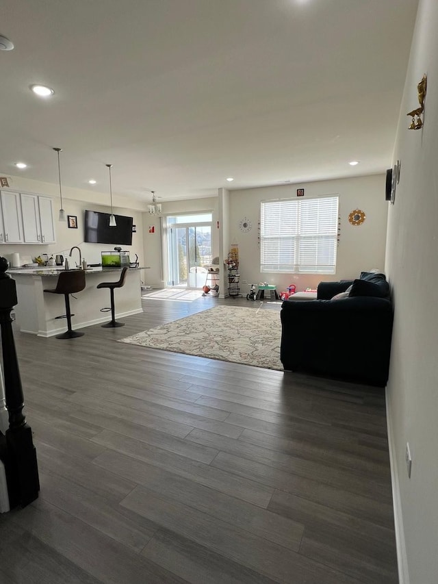 living room with sink and dark hardwood / wood-style floors