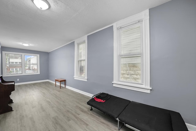 workout room featuring light hardwood / wood-style flooring and a textured ceiling