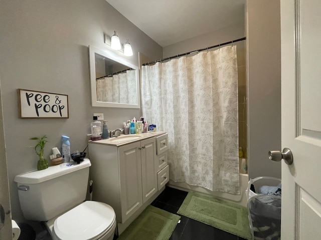 full bathroom featuring vanity, toilet, tile patterned flooring, and shower / tub combo with curtain