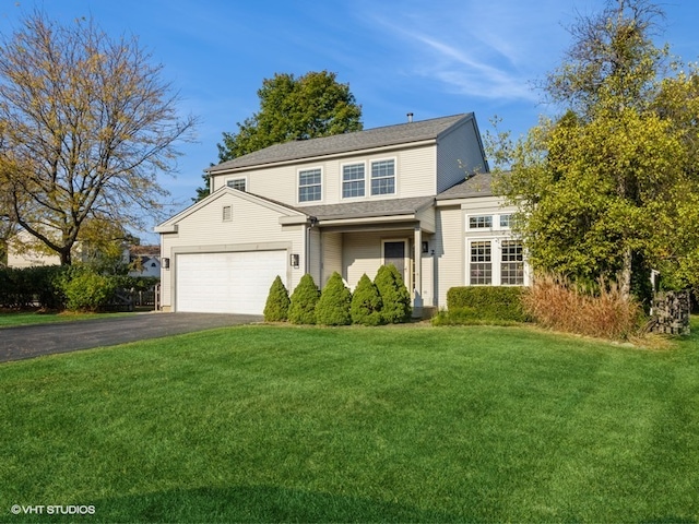 front facade featuring a garage and a front lawn