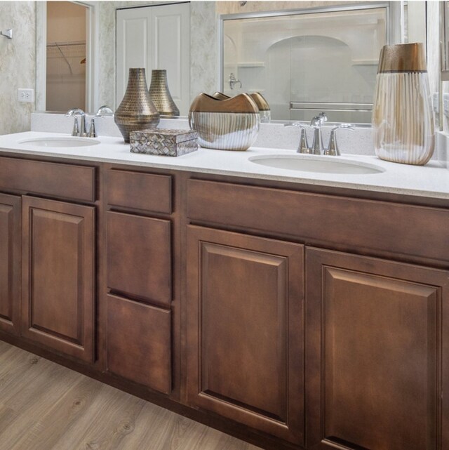 bathroom featuring hardwood / wood-style flooring and vanity