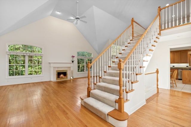 stairs with high vaulted ceiling, ceiling fan, and hardwood / wood-style floors