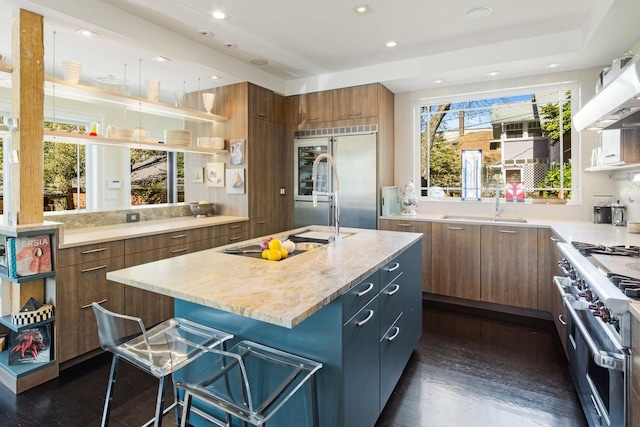 kitchen featuring sink, dark hardwood / wood-style floors, high end appliances, light stone counters, and an island with sink